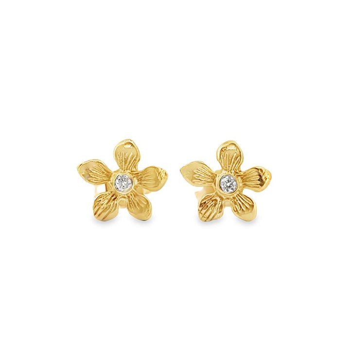 14K Yellow Gold Diamond Flower Stud Earrings