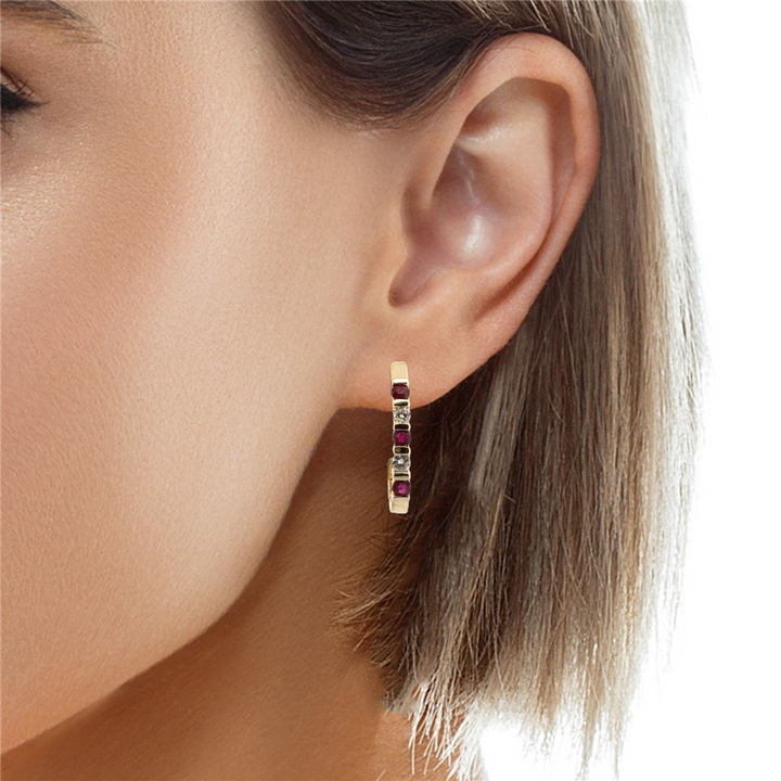 Ruby and Diamond Hoop Earrings in 14K Yellow Gold