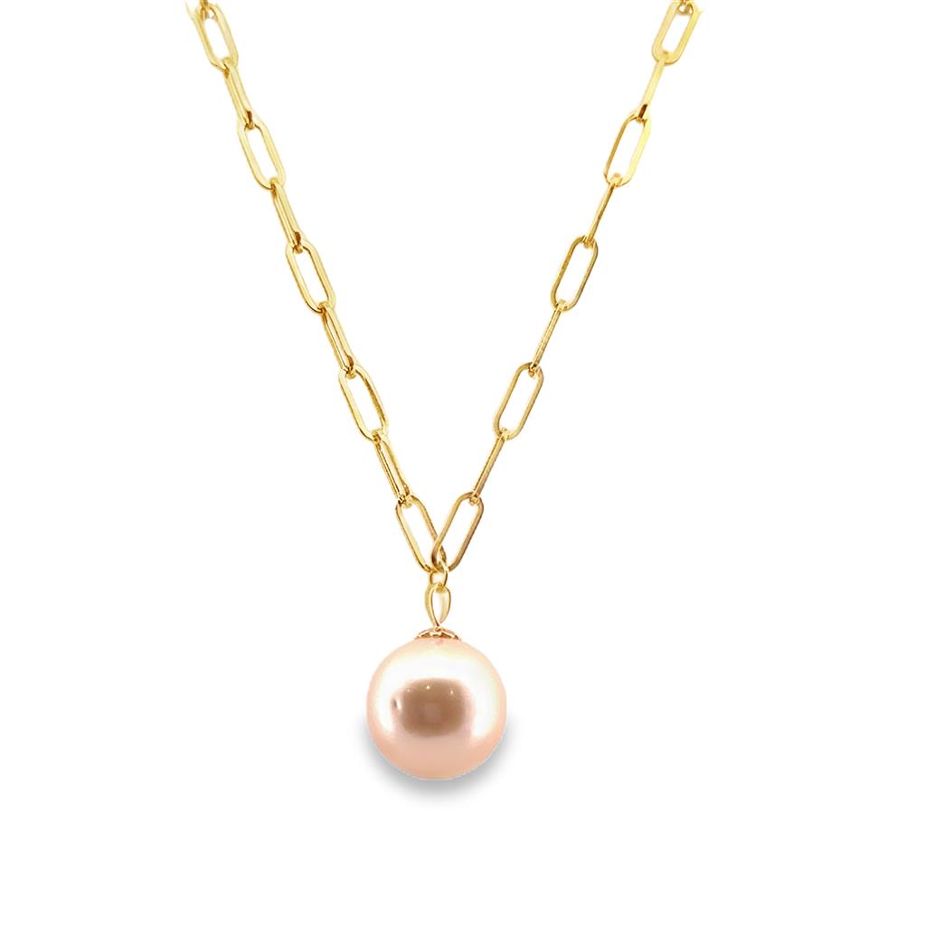 14K Yellow Gold Paperclip Chain Necklace with 14mm Pearl Drop