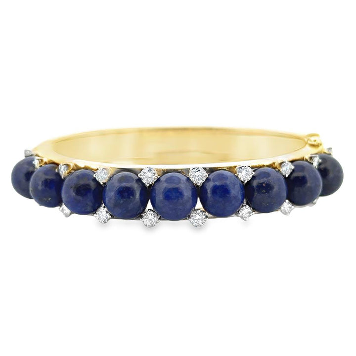 1.00 CTW Diamond & Lapis Bangle Bracelet 14K Yellow Gold