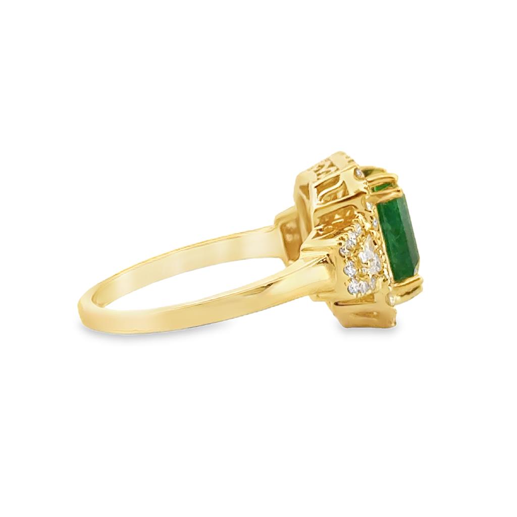 2.30 CT Emerald and 0.62 CTW Round & Baguette Diamond Halo Ring in 14K Yellow Gold