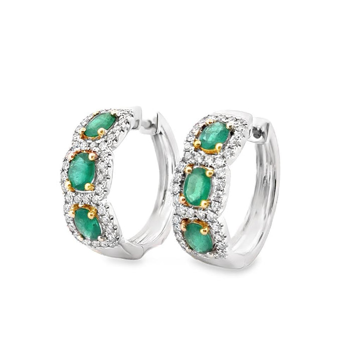 1.82 CTW Emerald and 0.71 CTW Diamond Hoop Earrings in 14K Two Tone Gold