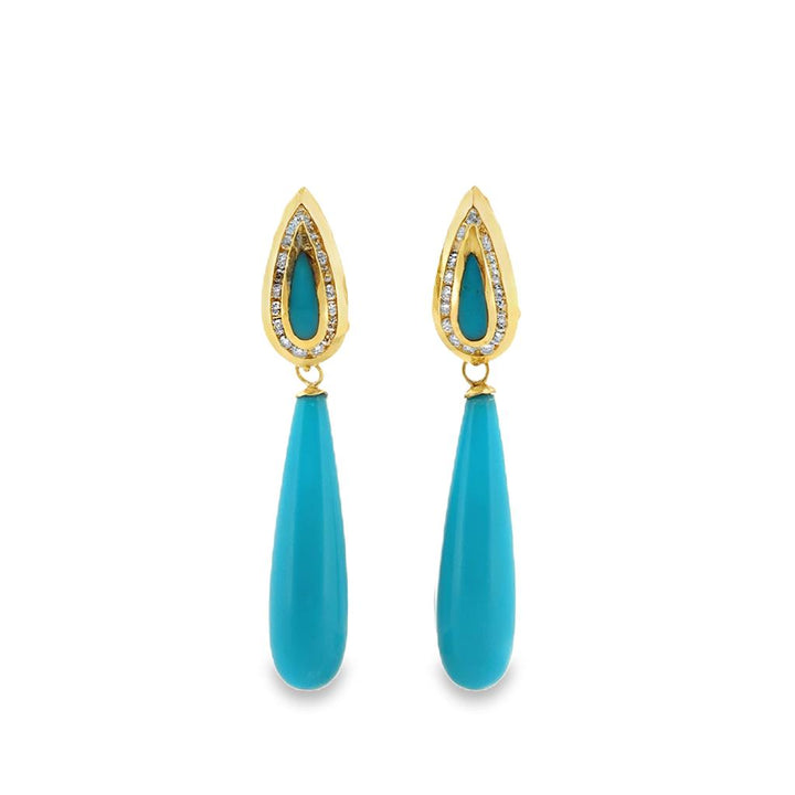 14K Yellow Gold Turquoise Drop Earrings with 0.38 CTW Round Diamonds