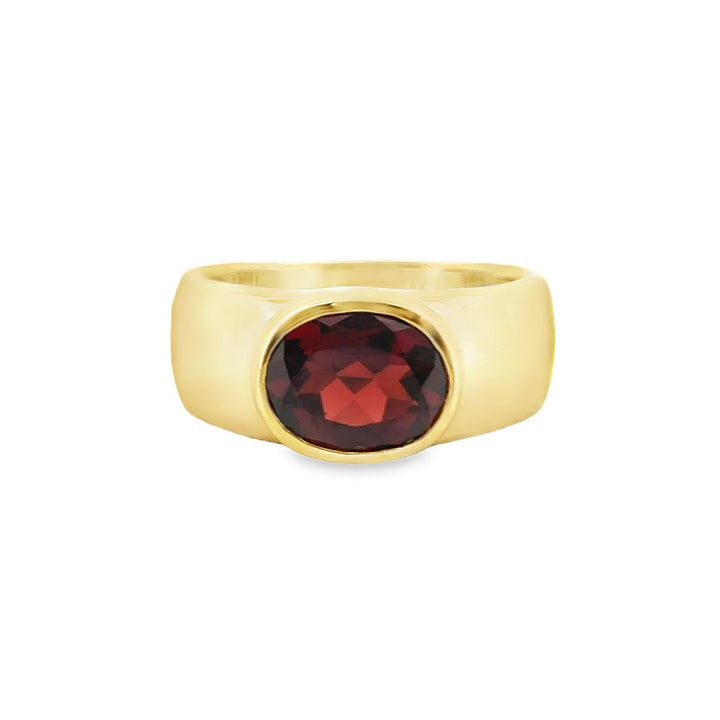 Oval Garnet Bezel Set Wide Band Ring in 14K Yellow Gold