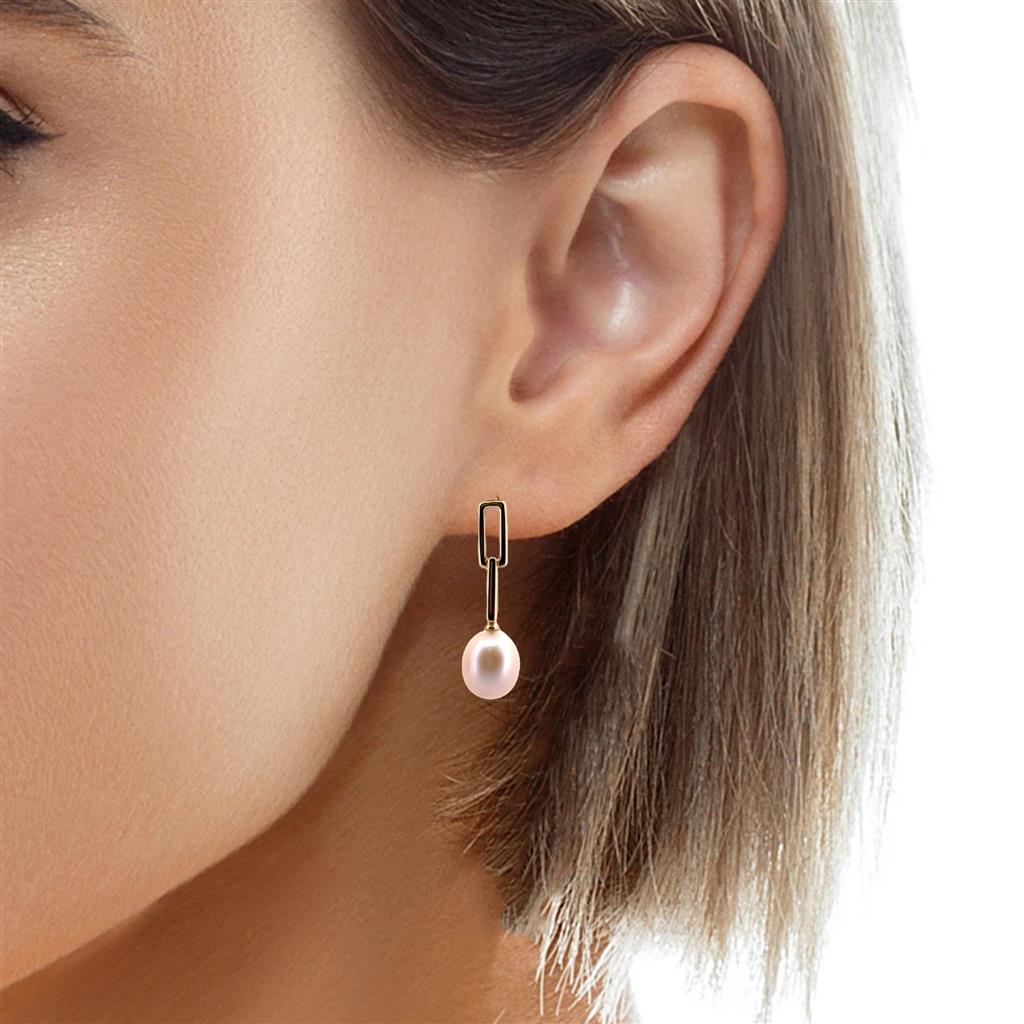 Pink Pearl Drop Earrings in 14K Yellow Gold