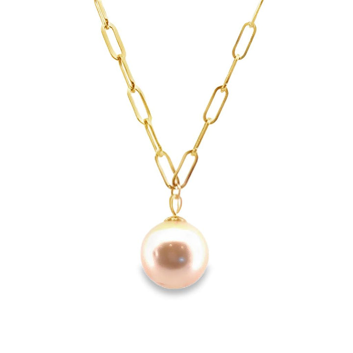 14K Yellow Gold Paperclip Chain Necklace with 14mm Pearl Drop