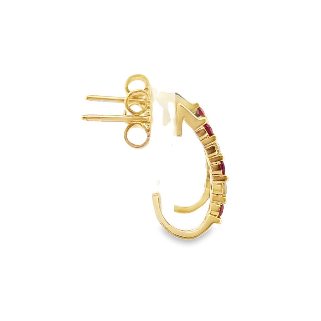 Ruby and Diamond Hoop Earrings in 14K Yellow Gold