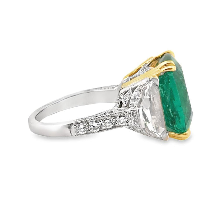 11.60 CT Cushion Cut Emerald Ring with 1.11 CTW Half Moon Diamonds in Two-Tone 18K Gold