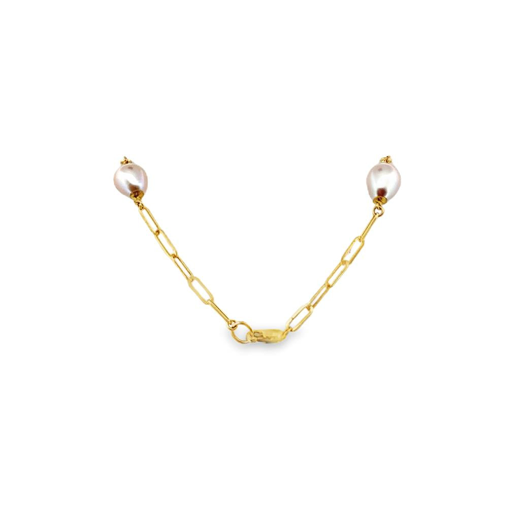 14K Yellow Gold Bracelet with 8mm Pearls and Paperclip Link Design