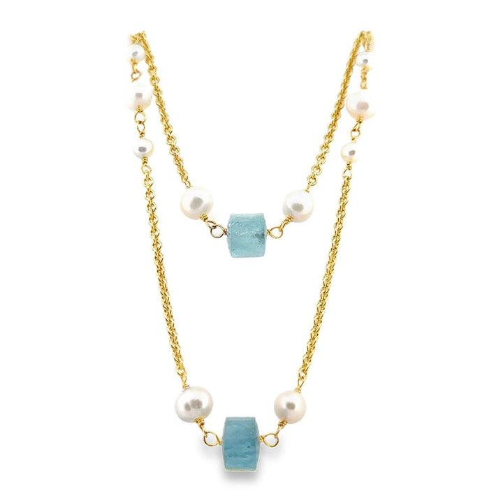 18K Yellow Gold 44" Chain Necklace with Aquamarine and Pearls