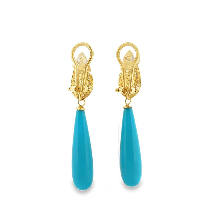 14K Yellow Gold Turquoise Drop Earrings with 0.38 CTW Round Diamonds