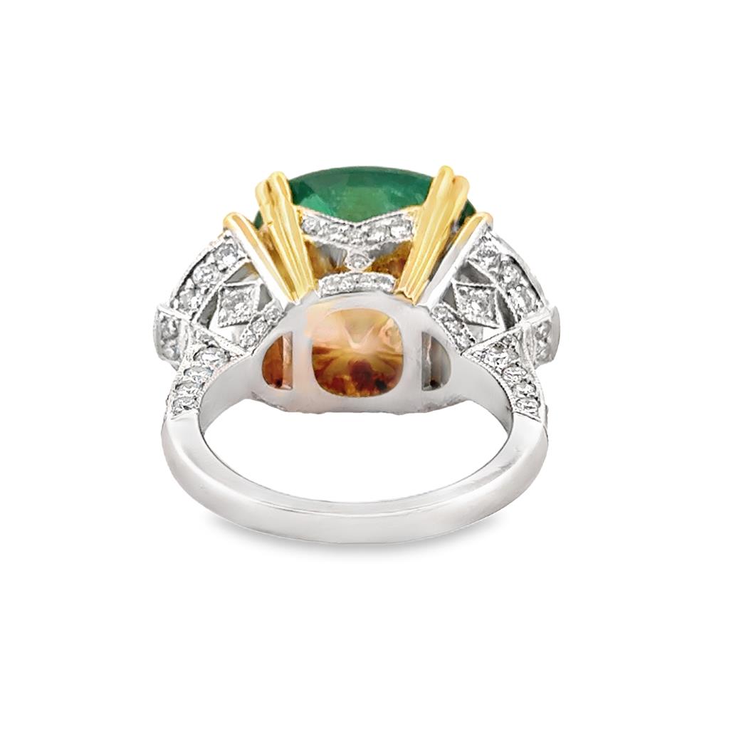 11.60 CT Cushion Cut Emerald Ring with 1.11 CTW Half Moon Diamonds in Two-Tone 18K Gold