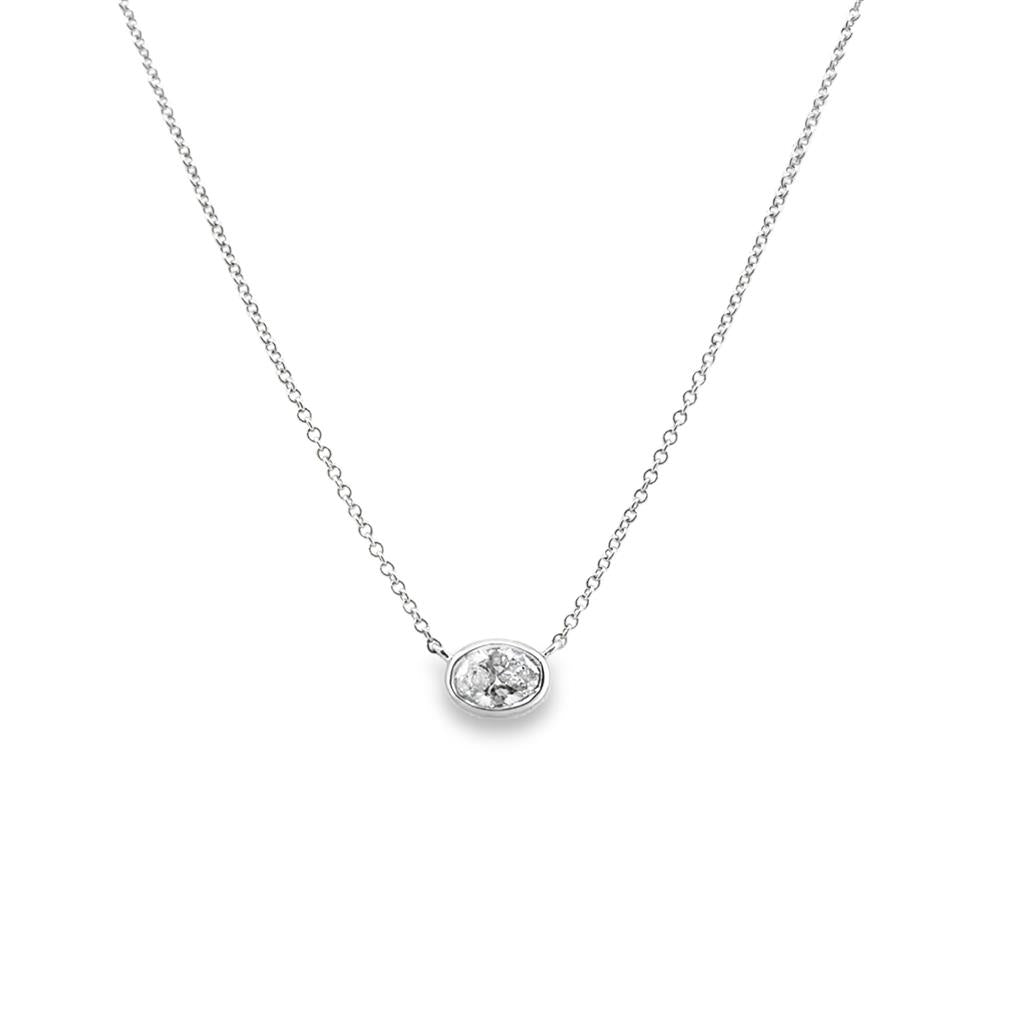 0.50 CT Oval Diamond Bezel Set Pendant Necklace in 18K White Gold