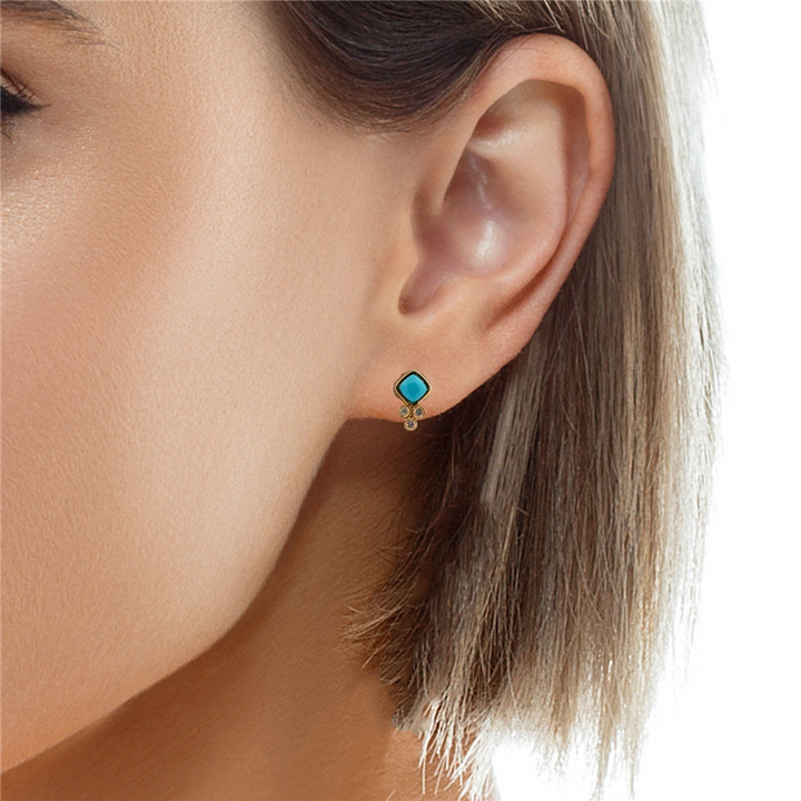 14K Yellow Gold Turquoise and Diamond Stud Earrings