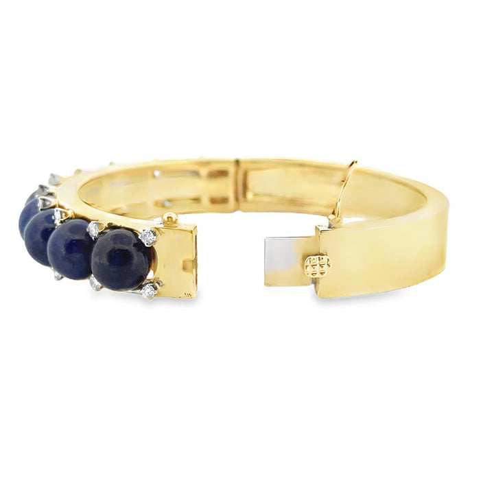 1.00 CTW Diamond & Lapis Bangle Bracelet 14K Yellow Gold