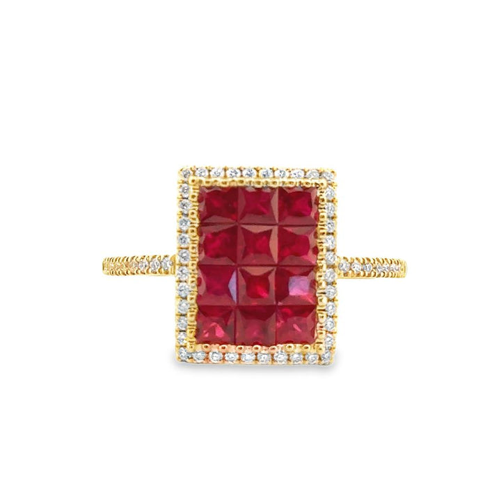 14K Yellow Gold Ring with 1.57 CTW Square Rubies and 0.23 CTW Round Diamonds