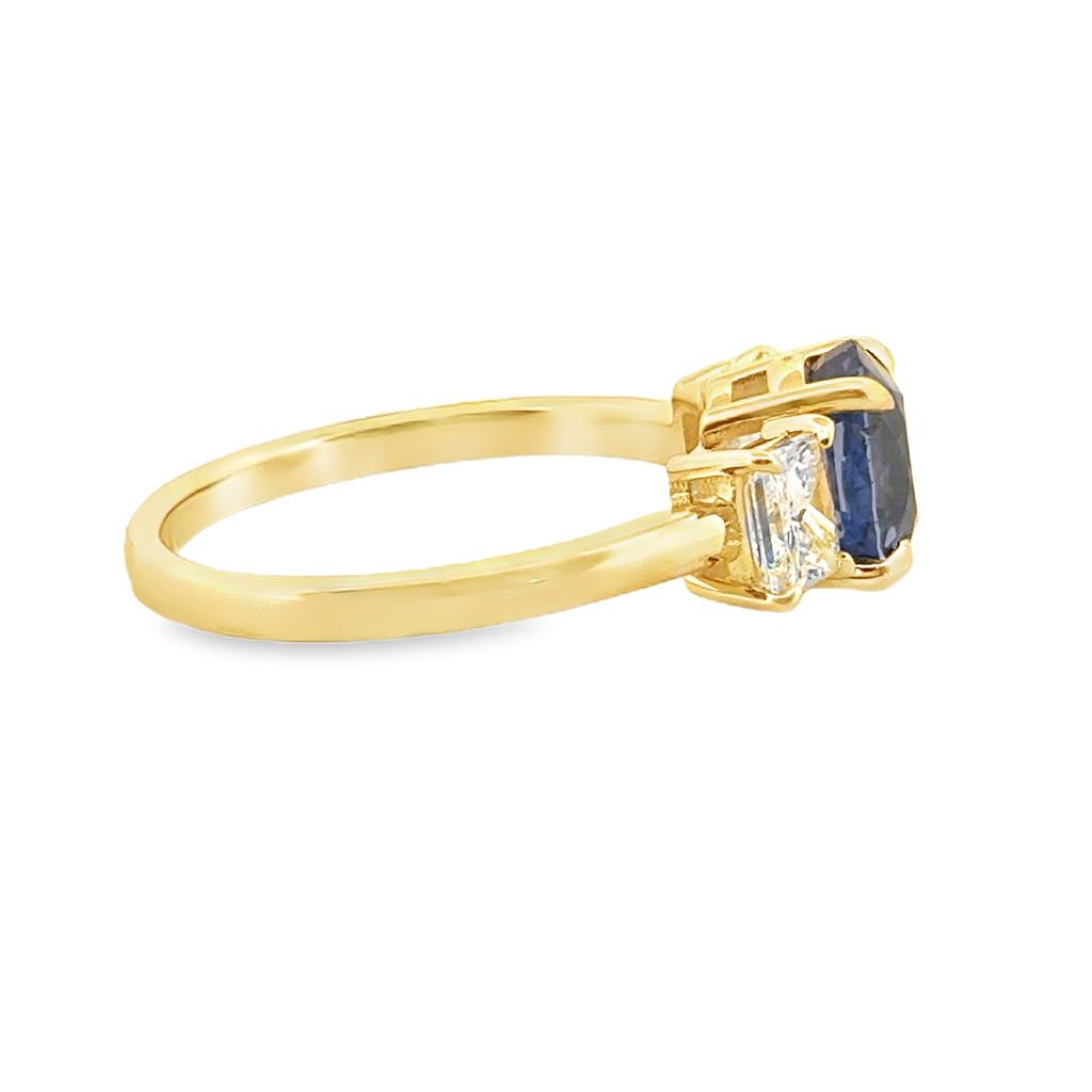 2.36 CT Oval Unheated Sapphire and 1.00 CTW Emerald Cut Diamond Three-Stone Ring, 18K Yellow Gold