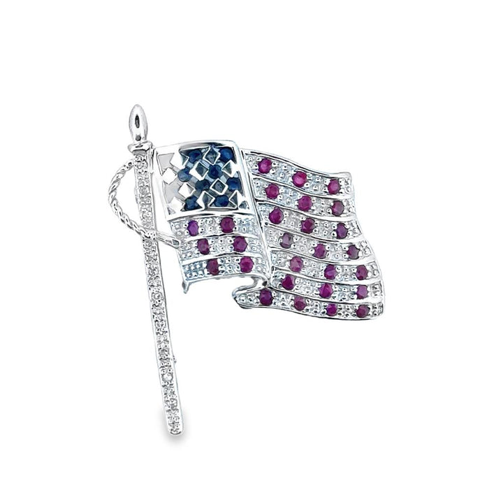 American Flag Pin with Rubies, Sapphires, and Diamonds in 14K White Gold