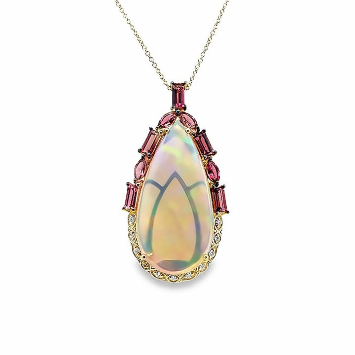 14K Yellow Gold Opal Pendant with Tourmaline and Diamonds