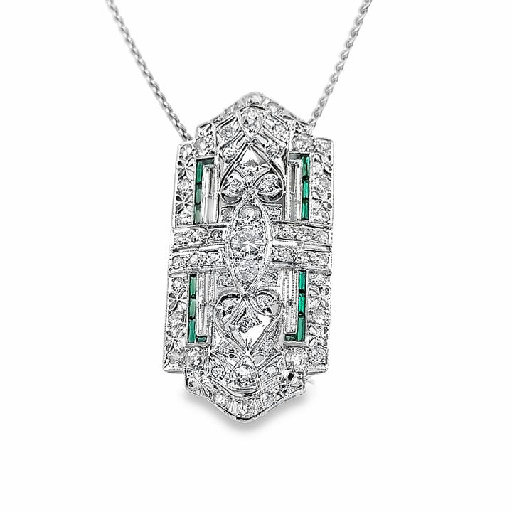 Art Deco Platinum Pin/Pendant Conversion with Diamonds and Emeralds