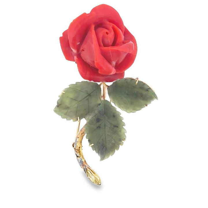 14K Yellow Gold Brooch with Jade Leaves and Red Coral Rose