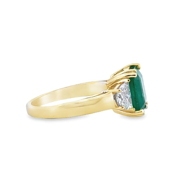 2.70 CT Emerald & 0.90 CTW Diamond Half Moon Ring in 18K Yellow Gold