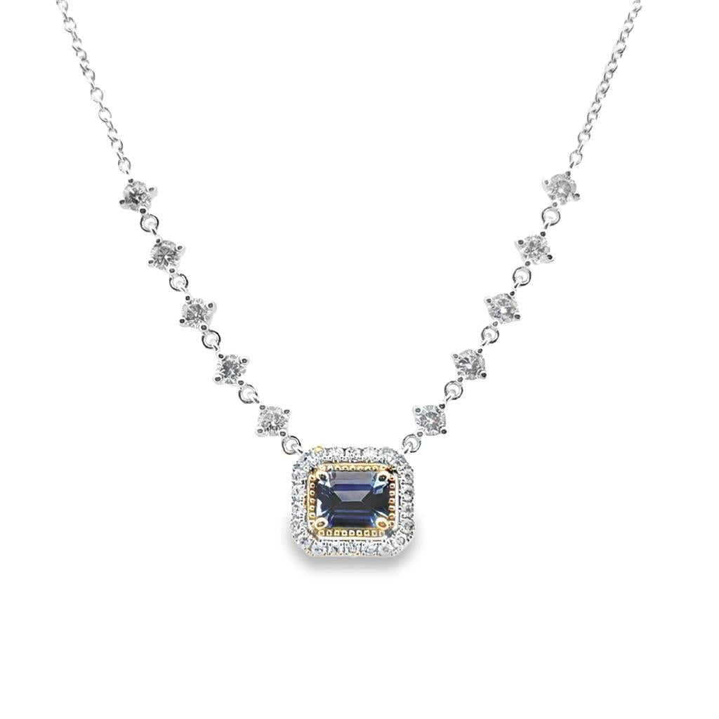 0.50 CT Sapphire Pendant with 0.55 CTW Diamonds, 14K White Gold, 18" Long