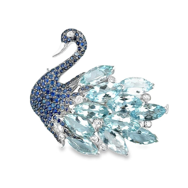 13.75 CTW Aquamarine Swan Brooch with Sapphires and Diamonds – 18K White Gold