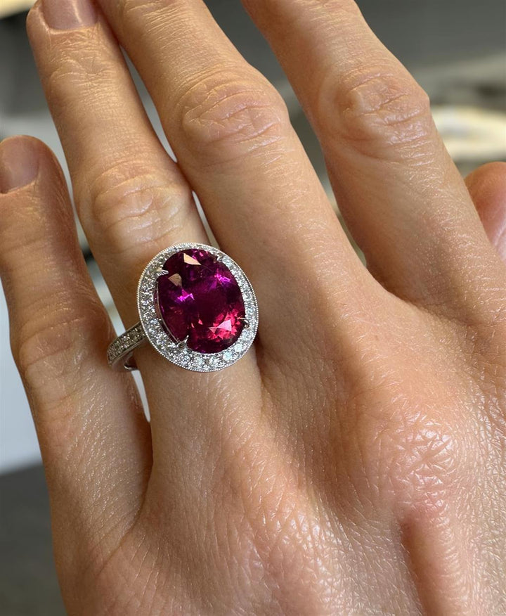 5.02 CT Rubellite Tourmaline Oval Ring with 0.66 CTW Round Diamond Halo and Shank