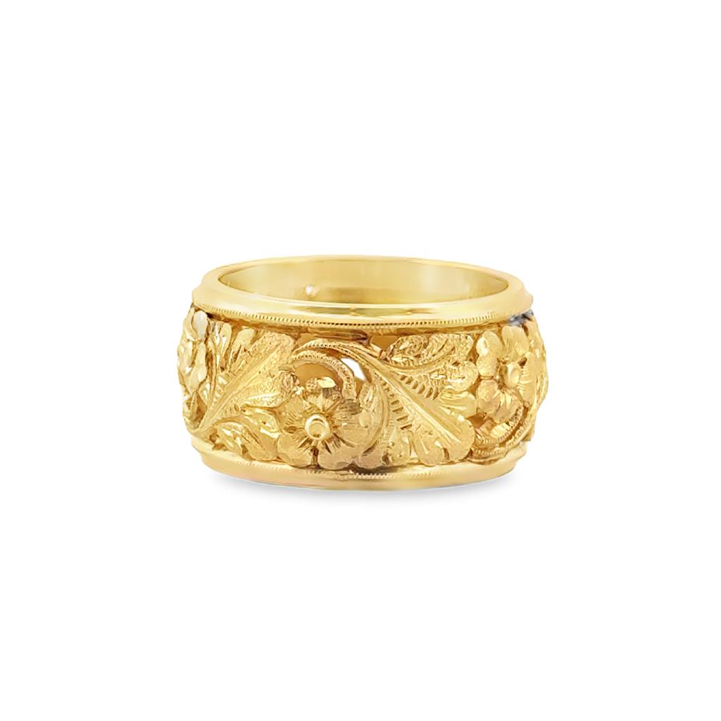 14K Yellow Gold Ornate Wide Band Ring with Leaf and Flower Details, 11mm Wide