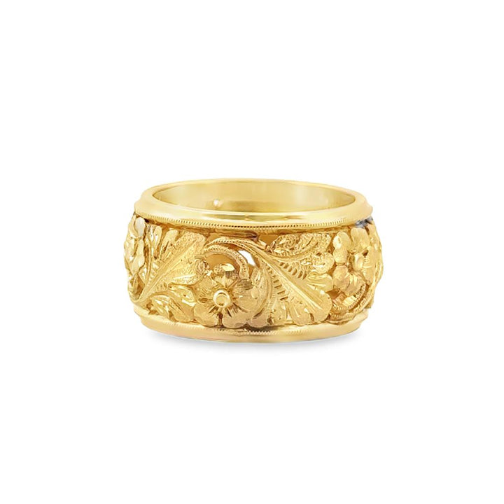 14K Yellow Gold Ornate Wide Band Ring with Leaf and Flower Details, 11mm Wide