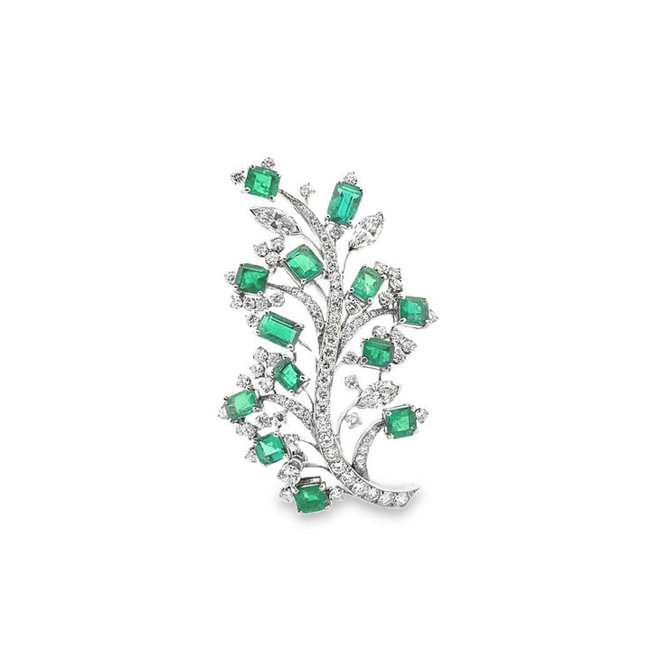 Vintage Platinum Pin with 6.38 CTW Diamonds and 9.75 CTW Emerald-Cut Emeralds