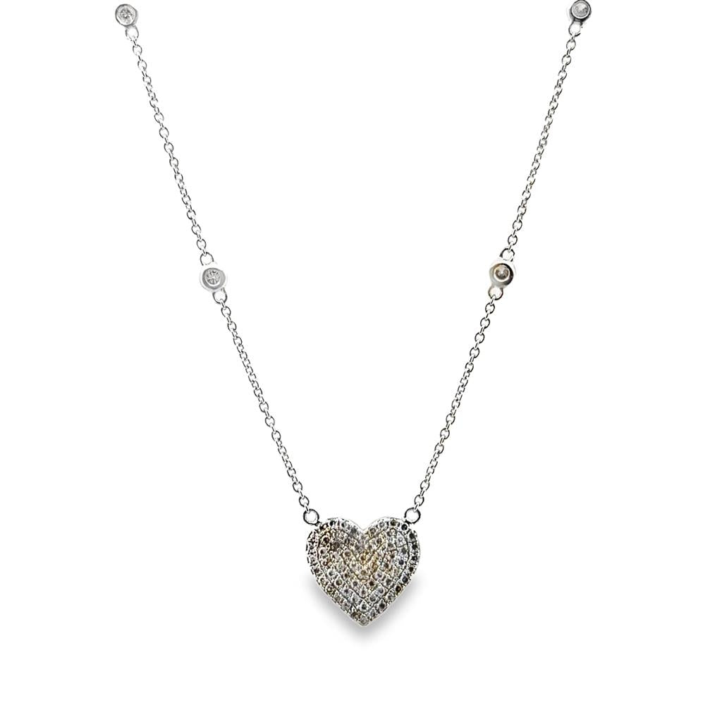 0.36 CTW Diamond Heart Station Chain Necklace, 14K White Gold