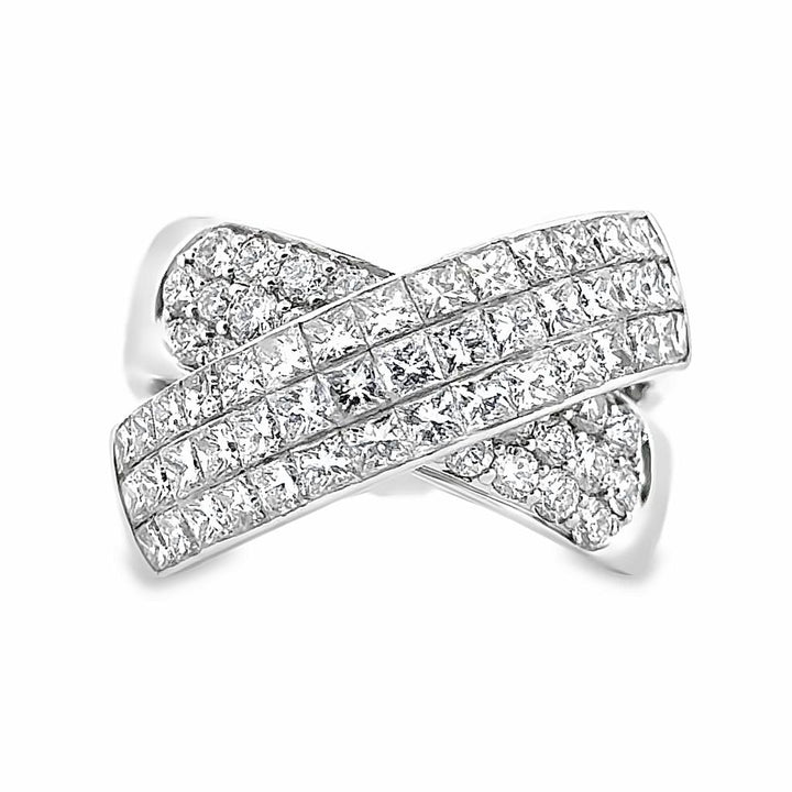 3.42 CTW Round and Princess Diamonds 18K White Gold Cross Design Ring