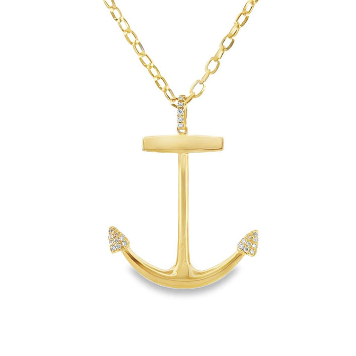 18K Yellow Gold Anchor Pendant with 0.17 CTW Diamonds on Oval Link Chain