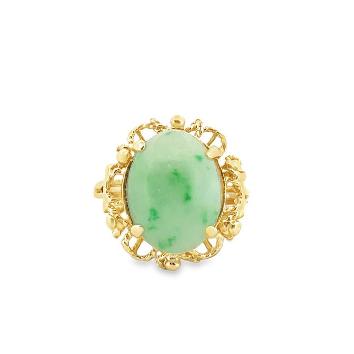 14K Yellow Gold Oval Jade Ring, Size 5 3/4