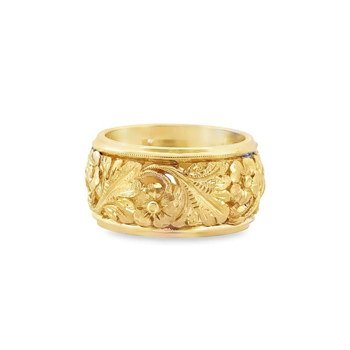 14K Yellow Gold Ornate Wide Band Ring with Leaf and Flower Details, 11mm Wide