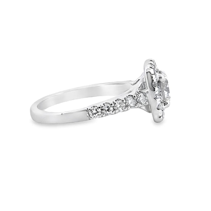 0.76 CT Round Diamond Halo Engagement Ring with 0.65 CTW Accent Diamonds in 14K White Gold