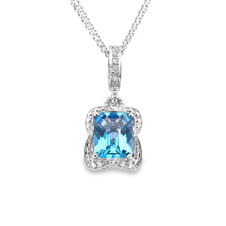 Blue Topaz Pendant Necklace with Triple Chain, 14K White Gold