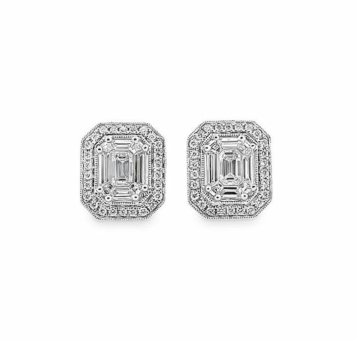 1.20 CTW Baguette and Round Diamond 18K White Gold Earrings