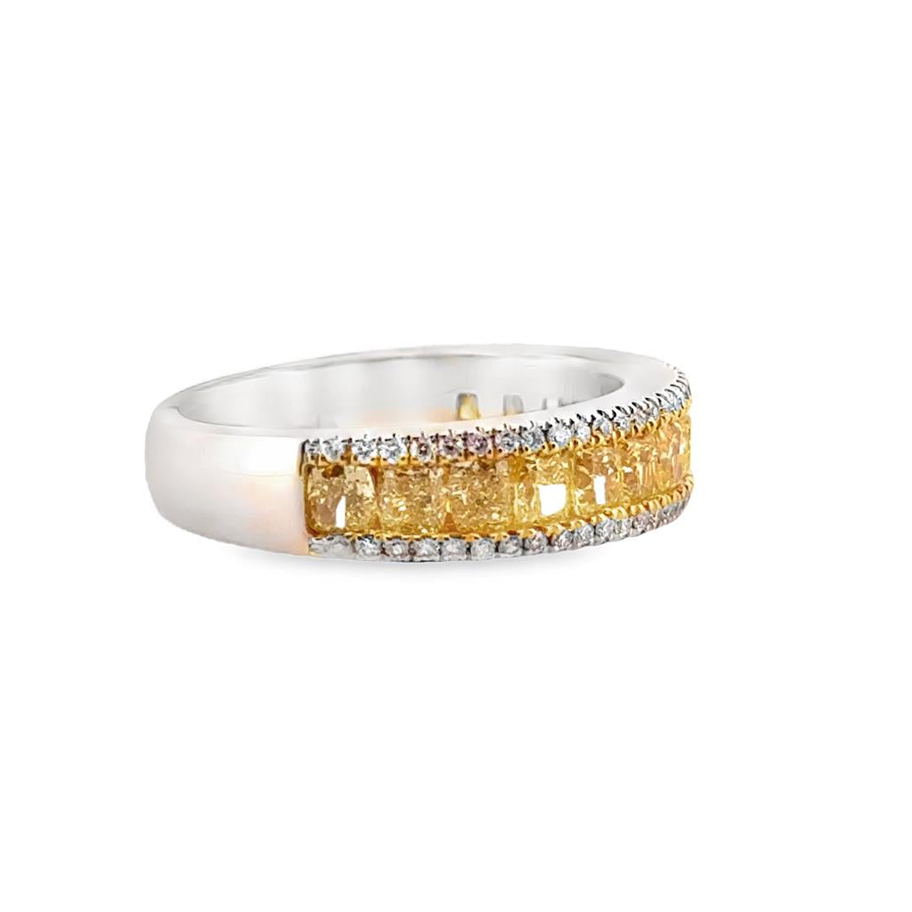 18K White Gold Ring with 1.93 CTW Radiant Yellow Diamonds and 0.26 CTW Round Diamonds, 5mm Wide