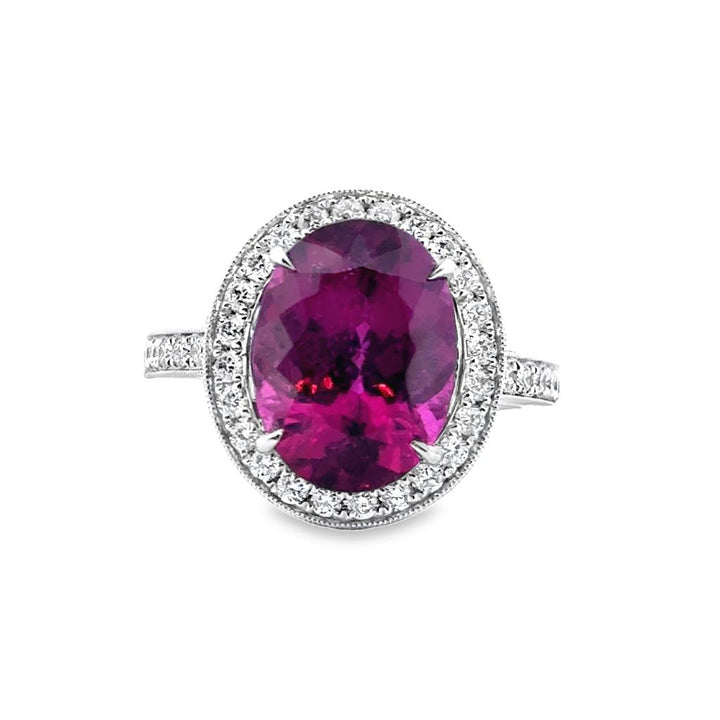 5.02 CT Rubellite Tourmaline Oval Ring with 0.66 CTW Round Diamond Halo and Shank