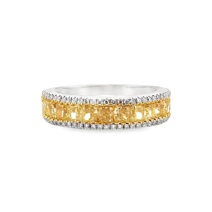 18K White Gold Ring with 1.93 CTW Radiant Yellow Diamonds and 0.26 CTW Round Diamonds, 5mm Wide