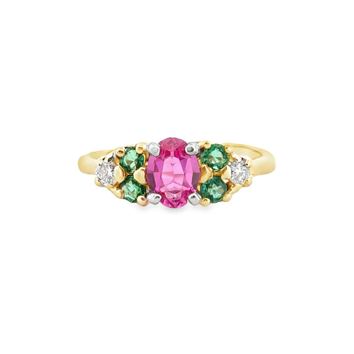 Oval Pink Sapphire and Diamond Ring in 14K Yellow Gold, Size 7.5