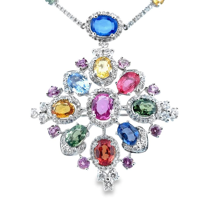 19.00 CTW Multi-Colored Sapphire & 4.58 CTW Diamond 18K White Gold Pendant Necklace