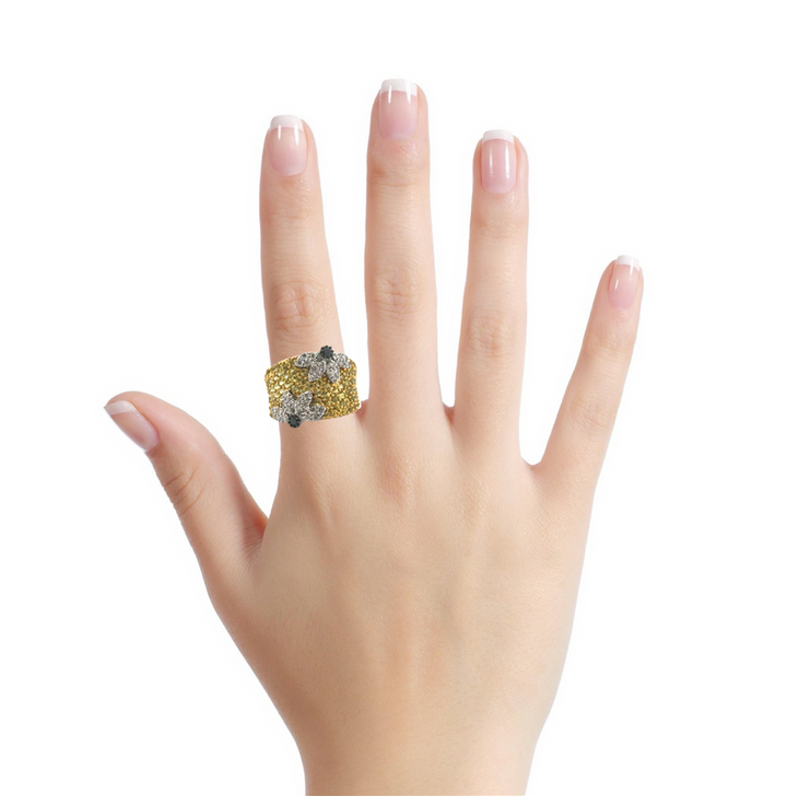 14K Yellow Gold Yellow Sapphire Floral Wide Ring – 0.32 CTW Diamonds