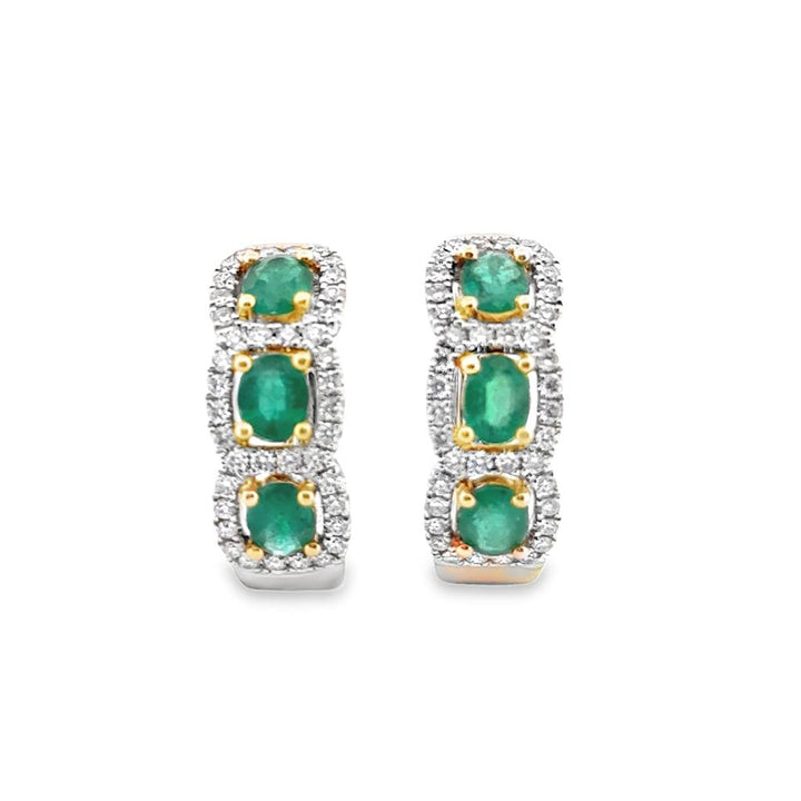 1.82 CTW Emerald and 0.71 CTW Diamond Hoop Earrings in 14K Two Tone Gold