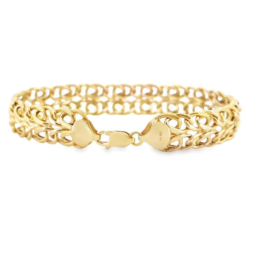 14K Yellow Gold 12mm Wide Intricate Link Bracelet with Lobster Clasp