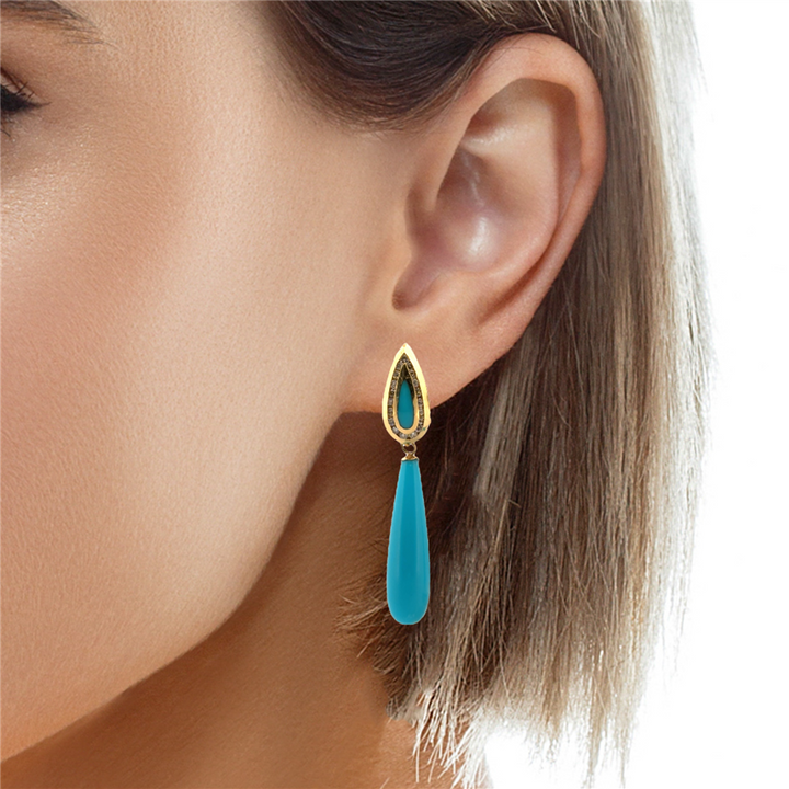 14K Yellow Gold Turquoise Drop Earrings with 0.38 CTW Round Diamonds