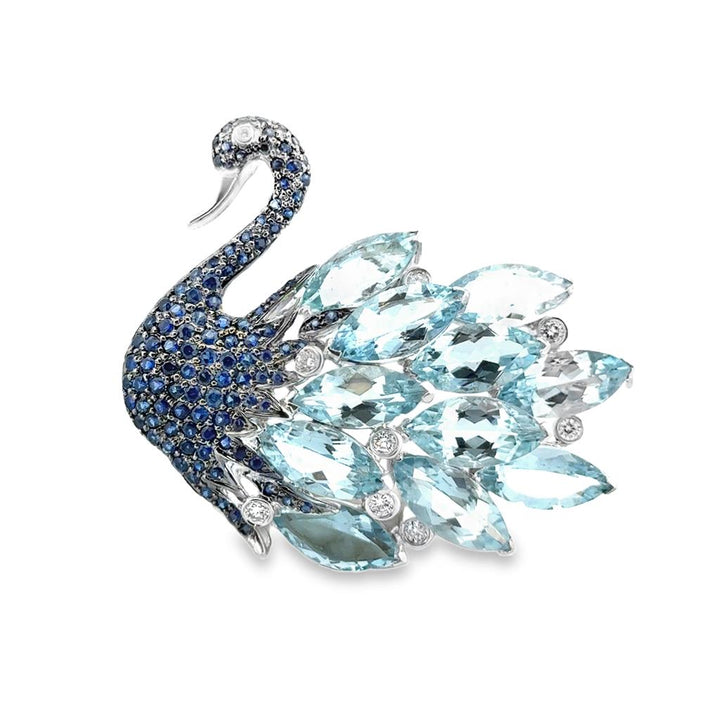 13.75 CTW Aquamarine Swan Brooch with Sapphires and Diamonds – 18K White Gold